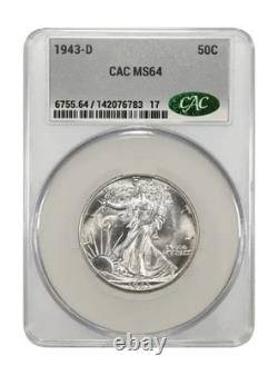 1943 D Walking Liberty 50c Cac Ms64 Just Graded Blast White