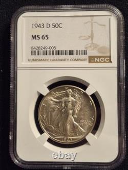 1943-D Walking Liberty Silver Half Dollar Graded by NGC as MS-65