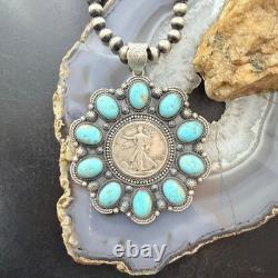 1943 Genuine 90% Silver Walking Liberty Half Dollar Coin withTurquoise Uni Pendant