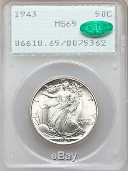 1943 PCGS CAC MS65 OGH Rattler Walking Liberty Silver Half Dollar Walker GEM BU