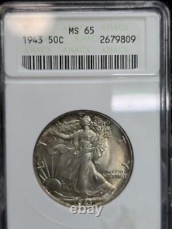 1943-P Walking Liberty Silver Half Dollar 50C ANACS Old Soap Box 65 MS Walker