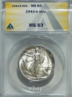 1943-S Walking Liberty Half Dollar ANACS MS63 Great Luster WWII Era Silver