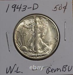 1943-d Walking Liberty Half Dollar- Gem Bu Gem Brilliantly Uncirculated