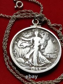 1944 D Walking Liberty Half Dollar Pendant & 18 STERLING Twist Chain W Box