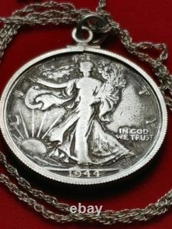 1944 D Walking Liberty Half Dollar Pendant & 18 STERLING Twist Chain W Box