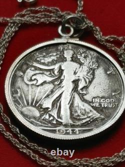 1944 D Walking Liberty Half Dollar Pendant & 18 STERLING Twist Chain W Box