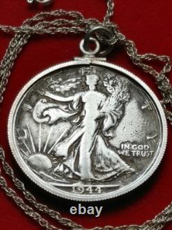 1944 D Walking Liberty Half Dollar Pendant & 18 STERLING Twist Chain W Box