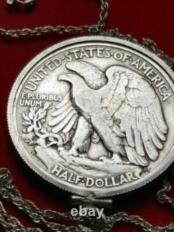 1944 D Walking Liberty Half Dollar Pendant & 18 STERLING Twist Chain W Box