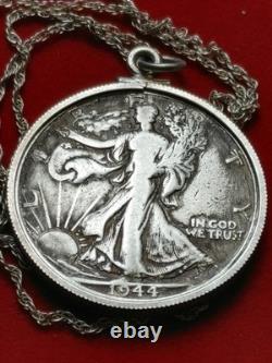 1944 D Walking Liberty Half Dollar Pendant & 18 STERLING Twist Chain W Box