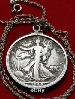 1944 D Walking Liberty Half Dollar Pendant & 18 STERLING Twist Chain W Box