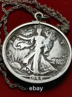 1944 D Walking Liberty Half Dollar Pendant & 18 STERLING Twist Chain W Box