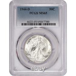 1944-D Walking Liberty Silver Half Dollar 50c, PCGS MS65, Nice White Coin