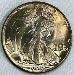 1944 P Silver Walking Liberty Half Dollar 50c BU Satiny Amber & Jade Toned