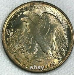 1944 P Silver Walking Liberty Half Dollar 50c BU Satiny Amber & Jade Toned