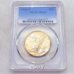 1944-s 50c Ms65 Pcgs Walking Liberty Half Dollar! Attractive Toning