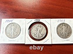 1945,1944 & 1943 Walking Liberty Half Dollars 90% Silver Circulated NICE