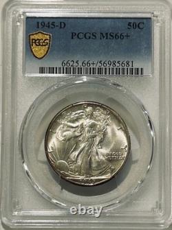 1945 D Walking Liberty Half Dollar PCGS MS66+ Light Rim Toned/Gold Shield