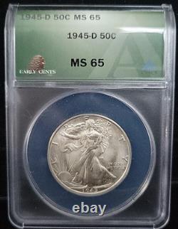 1945 D Walking Liberty Silver Half Dollar 50c ANACS MS65 GEM See Pics