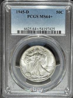 1945 D Walking Liberty Silver Half Dollar Mint State Coin Pcgs Ms 64+