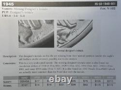 1945-P Walking Liberty Silver Half Dollar Missing Designer's Initials FS-901