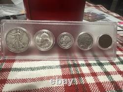 1945-S Walking Liberty, 1965-D Quarter, 1942 S Merc, 1935-S Buff, 1904 Indian