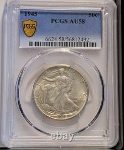 1945 Silver Liberty Walking Half Dollar PCGS AU 58 Gold Shield Certified Nice