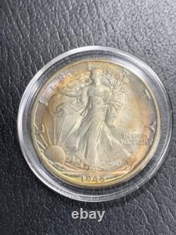 1945 Walking Liberty Half Dollar Gem BU Rainbow Toned