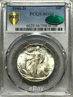 1946-D Silver Walking Liberty Half Dollar 50c PCGS MS66 CAC Lustrous & Frosty