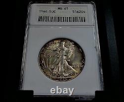 1946 Walking Liberty Half Dollar 50c ANACS MS65 Stunning Toner +COLORS+
