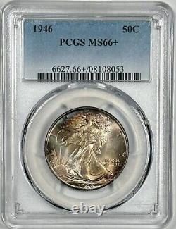 1946 Walking Liberty Silver Half Dollar MS66 Plus PCGS Certified Blue Pink Tone