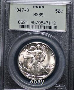 1947 D Walking Liberty Half Pcgs Ms 65 Ogh Great Silvery Mint Bloom With The