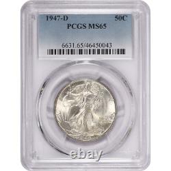 1947-D Walking Liberty Silver Half Dollar 50c, PCGS MS65, Nice White! Original