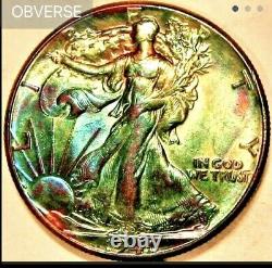 1947 Walking Liberty 50c GEM BU HIGH-GRADE RAINBOW TONING