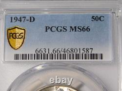 1947-d Walking Liberty Silver Coin Half Dollar Gold Shield Pcgs Graded Ms66
