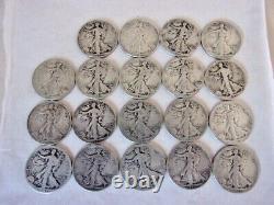 19 Walking Liberty Half Dollar Coins 90% Silver $9.50 Face in Cull Condition