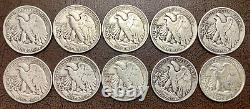 1/2 Roll 90% Silver Walking Liberty Half Dollars 10 Coins Circulated 1935-42