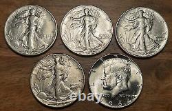 1/4 Roll Lot Of 5 AU/UNC Toned Walking Liberty Silver Half Dollars 1 Gem 1964? 3