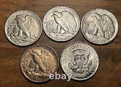 1/4 Roll Lot Of 5 AU/UNC Toned Walking Liberty Silver Half Dollars 1 Gem 1964? 3