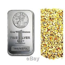 1 Ounce. 999 Silver Walking Liberty Bar Bu + 10 Piece Alaskan Pure Gold Nuggets