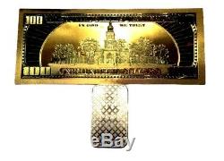 1 Troy Ounce. 999 Fine Silver Walking Liberty Bar Bu + 99.9% 24k Gold $100 Bill