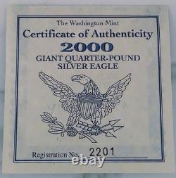 2000 4 troy oz. 999 Silver Proof Walking Liberty Round withCOA- Washington Mint