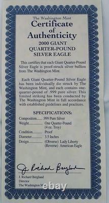 2000 4 troy oz. 999 Silver Proof Walking Liberty Round withCOA- Washington Mint