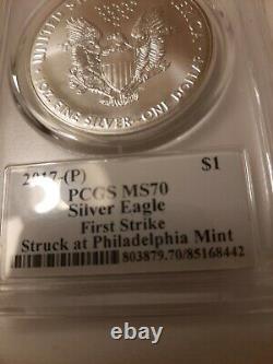 2017 (p) Silver Eagle Pcgs Ms70 Fs Struck At Philadelphia Flag Cleveland Pop 11