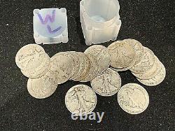 20 CIRCULATED 1 ROLL 90% SILVER WALKING LIBERTY HALF DOLLARS $10 FACE full date