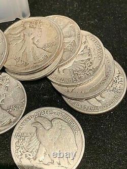 20 CIRCULATED 1 ROLL 90% SILVER WALKING LIBERTY HALF DOLLARS $10 FACE full date