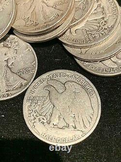 20 CIRCULATED 1 ROLL 90% SILVER WALKING LIBERTY HALF DOLLARS $10 FACE full date