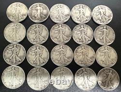 20 Coin Lot Walking Liberty 1/2 Dollar 90% Silver 1930s-40s