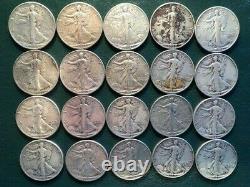 20 Coins Full Roll Walking Liberty Half Dollar Lot 90% Silver SEE PICS