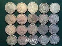 20 Coins Full Roll Walking Liberty Half Dollar Lot 90% Silver SEE PICS