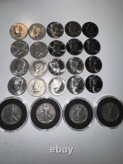 24 Coin Lot 4 Silver Walking Liberty Halves + 20 Kennedy Halves Mixed Dates